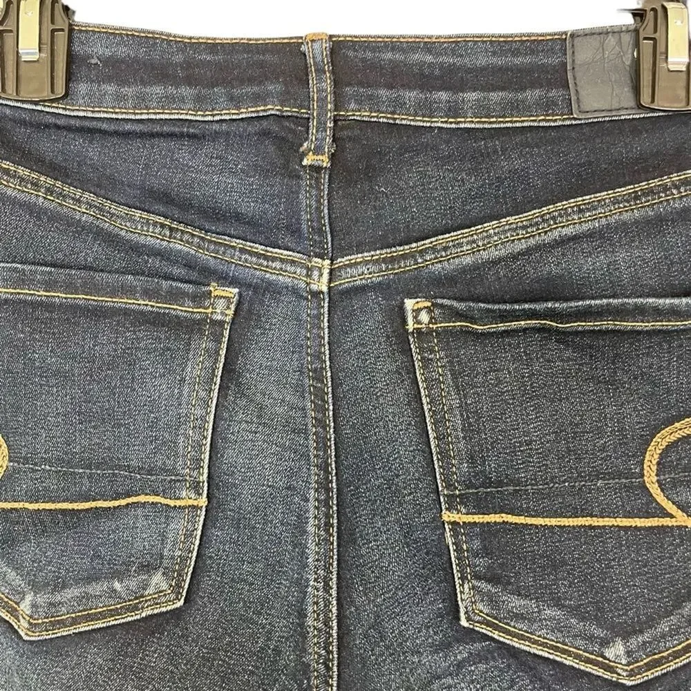 AMERICAN EAGLE SUPER HI RISE SHORTIE Raw Hem Cut Offs Dark Distressed Shorts 4